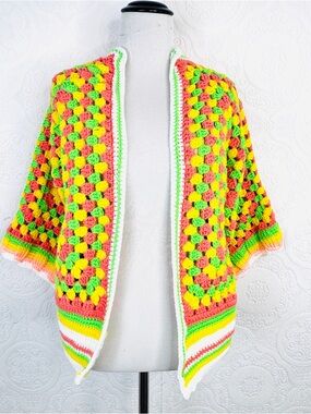 New Crocheted Hexigon Handmade Open Cardigan Sweater Bright Colors Festival M-L